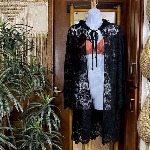 Black lace duster - lace, cardigan